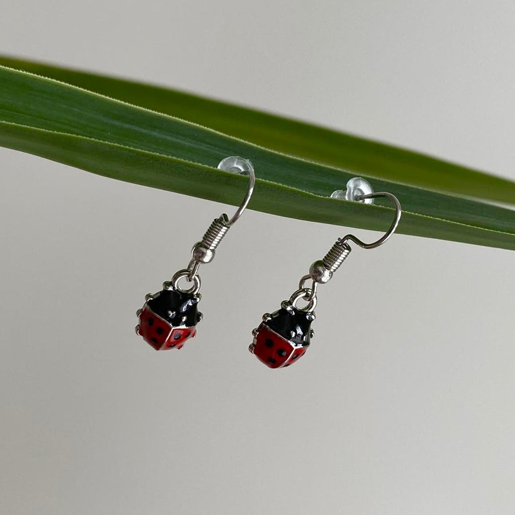 Red Ladybug Dangle Earrings With Silver Accents - Image 3