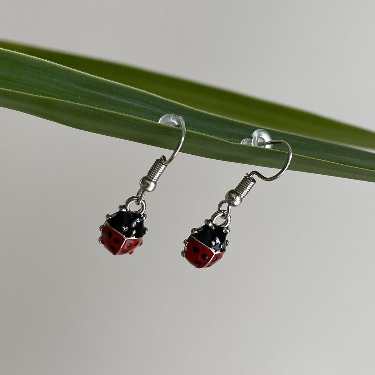 Red Ladybug Dangle Earrings With Silver Accents - Image 3