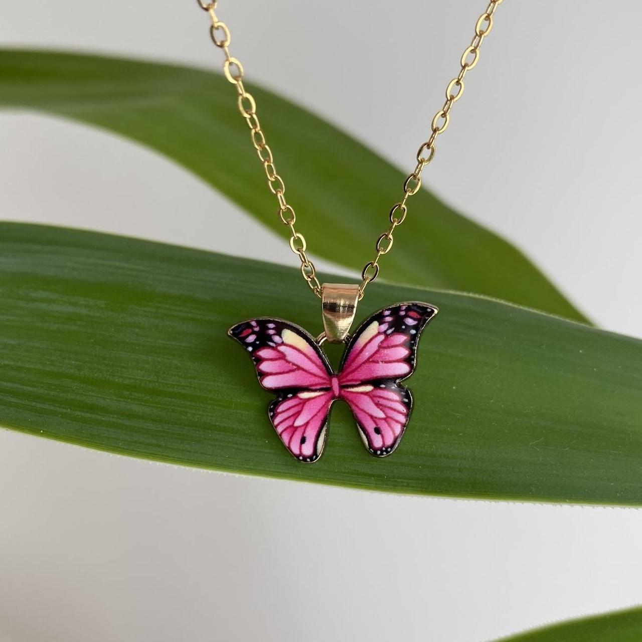 Pink Butterfly Enamel Pendant Chain Necklace With - Image 2