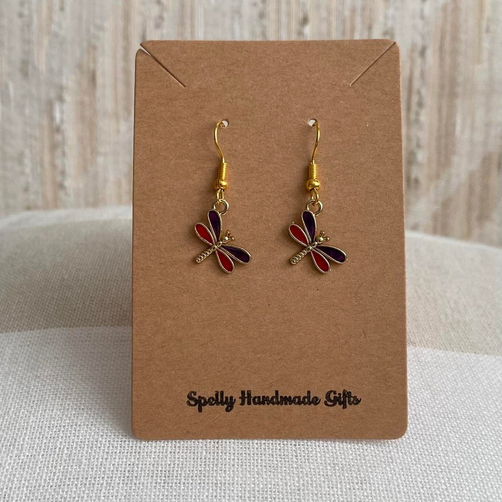 Pink And Purple Dragon Fly Dangle Earrings With Gold - Image 2