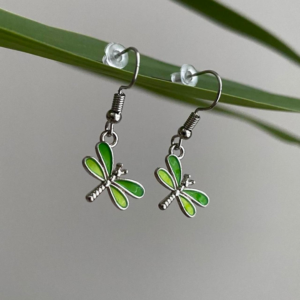 Green Dragon Fly Dangle Earrings With Silver