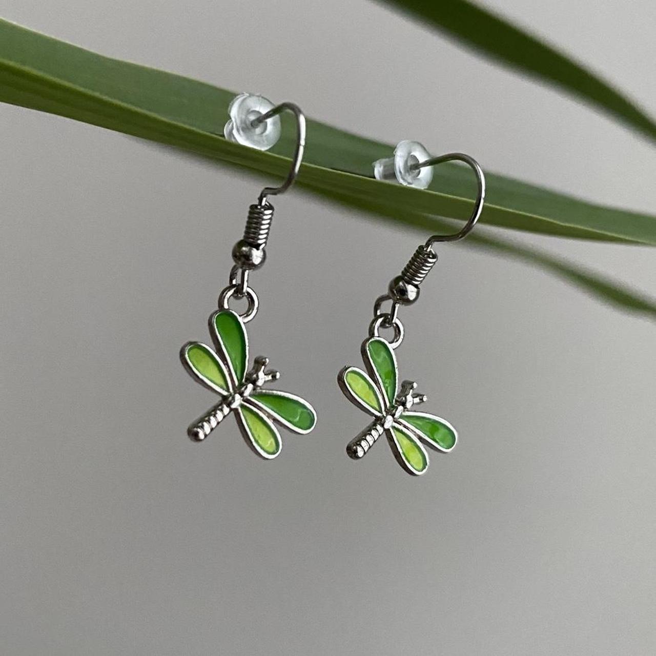 Green Dragon Fly Dangle Earrings With Silver