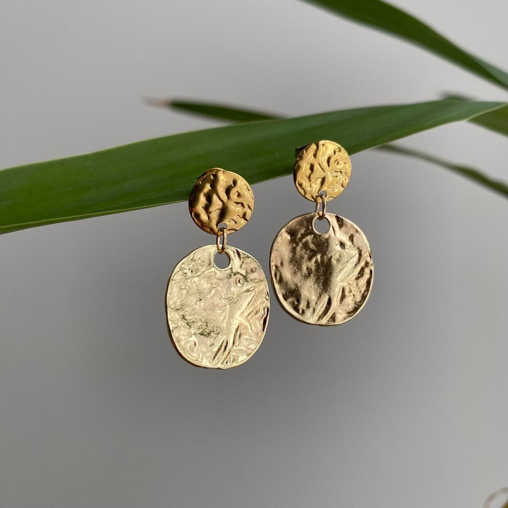 Large Hammered Circle Gold Dangle Stud Earrings - Image 5