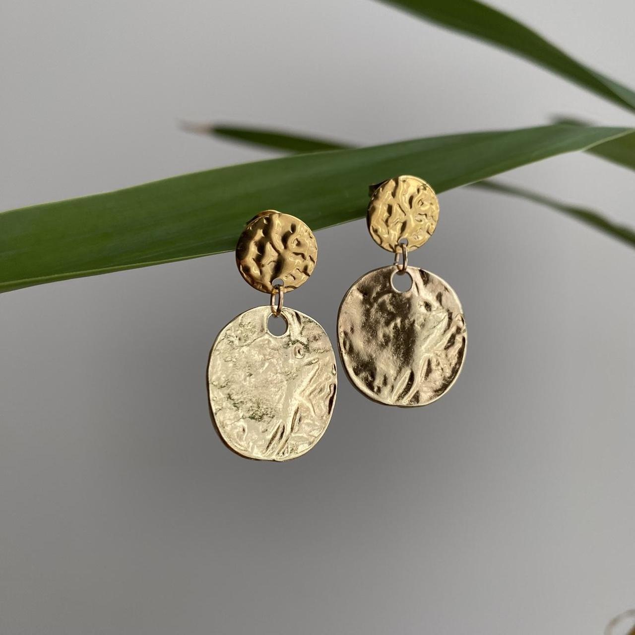 Large Hammered Circle Gold Dangle Stud Earrings - Image 5