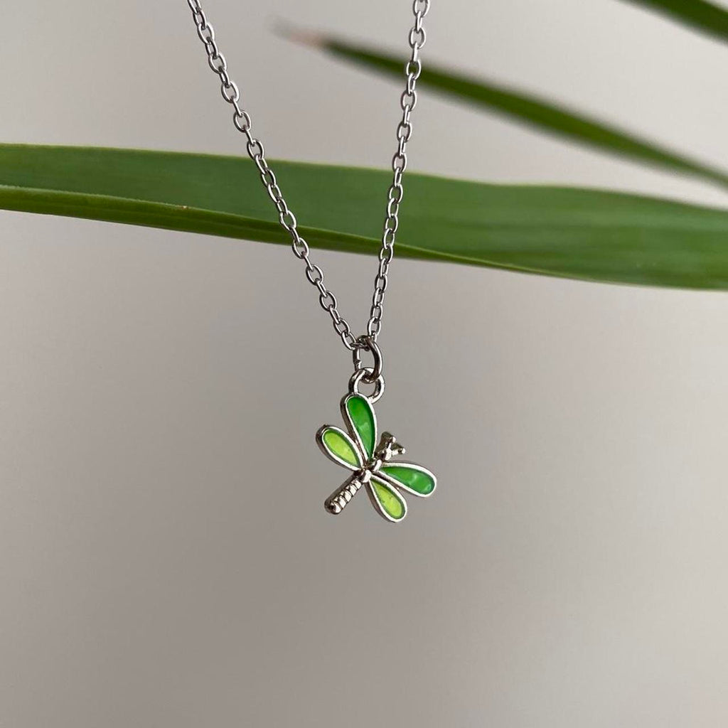 Green Enamel Dragonfly Pendant Chain Necklace With - Image 6