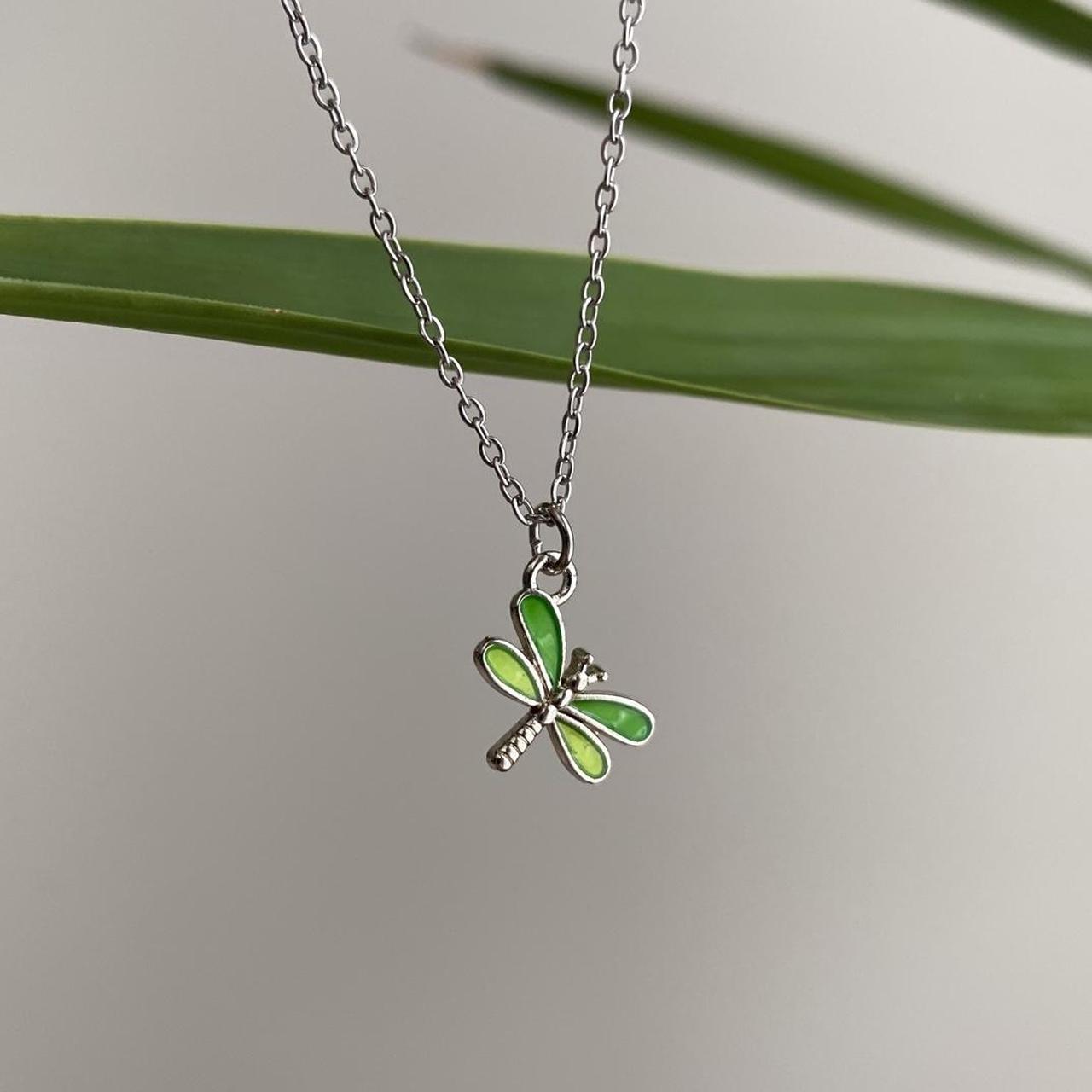 Green Enamel Dragonfly Pendant Chain Necklace With - Image 6