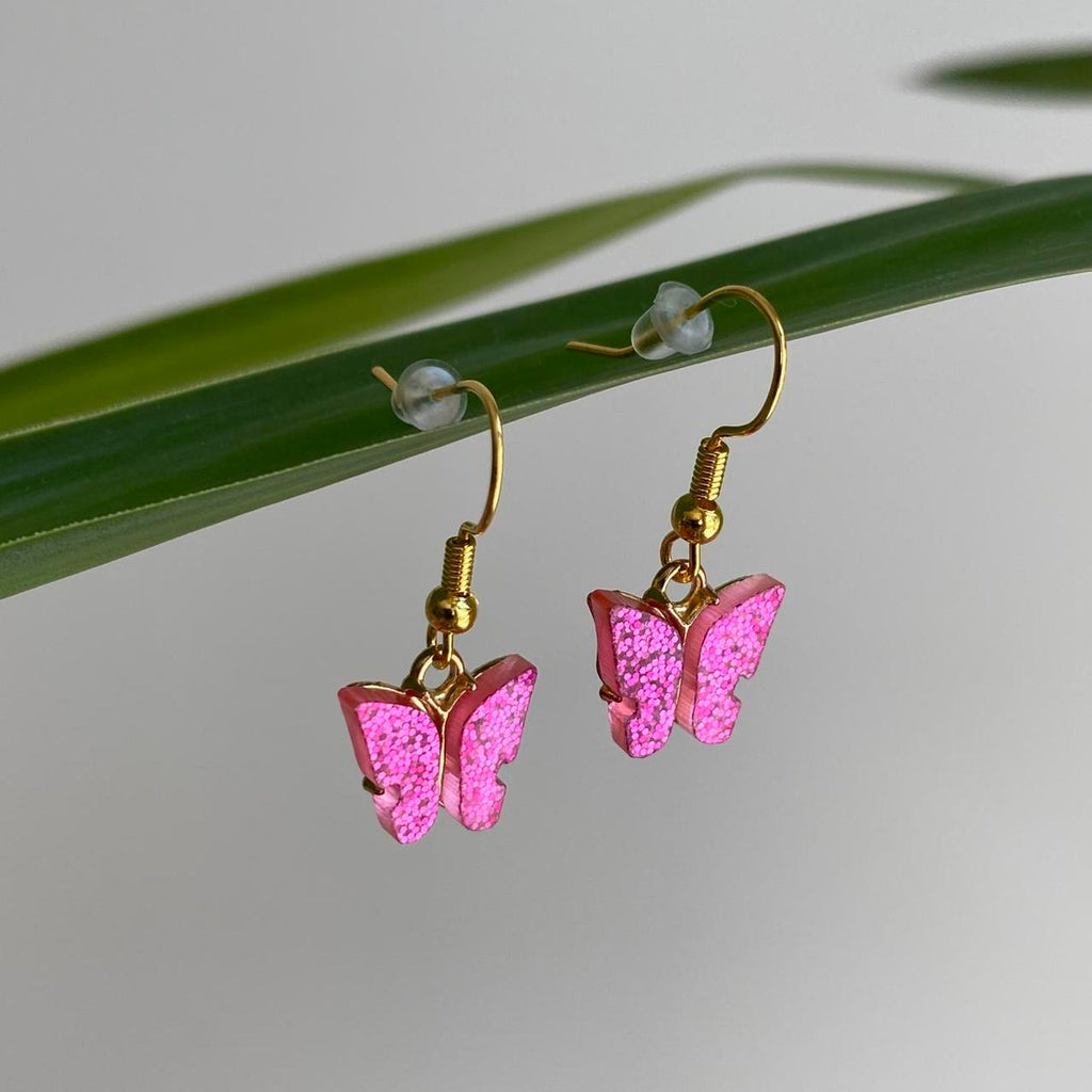Dark Pink Sparkle Butterfly Dangle Earrings With - Image 3