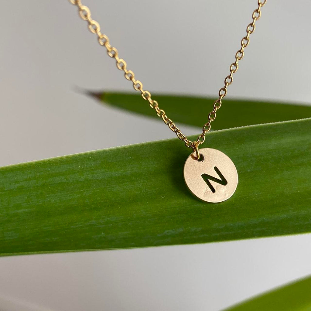 Circle Stamped Gold Letter N Initial Pendant Chain