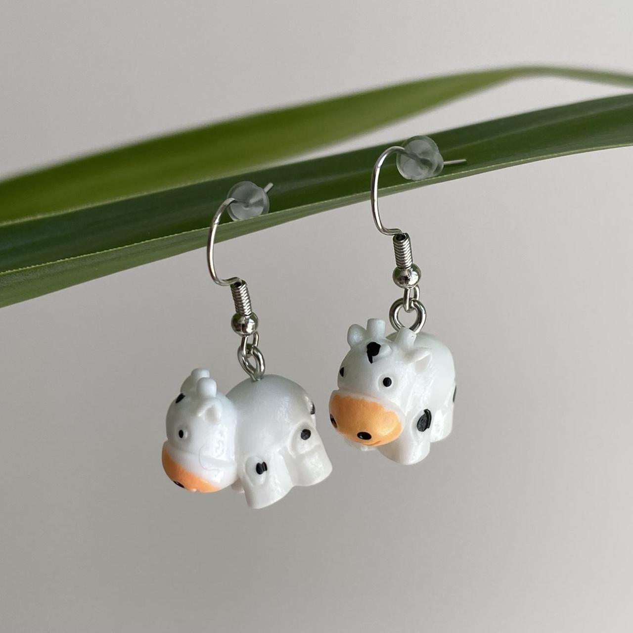 Cow Dangle Earrings With Silver Accents Hand Made - Image 2
