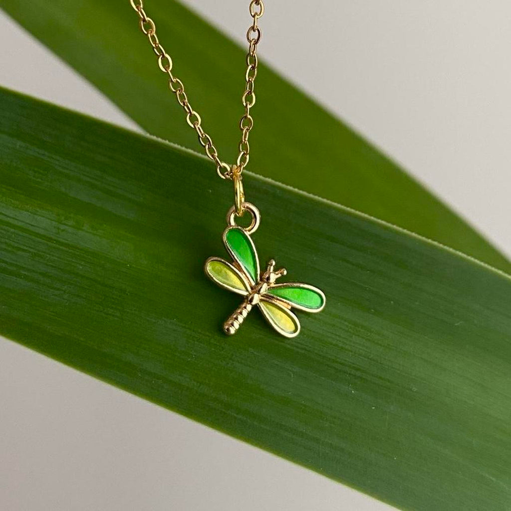Green And Yellow Enamel Dragonfly Pendant Chain