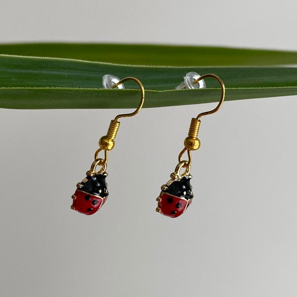 Red Ladybug Dangle Earrings With Gold Accents - Image 2