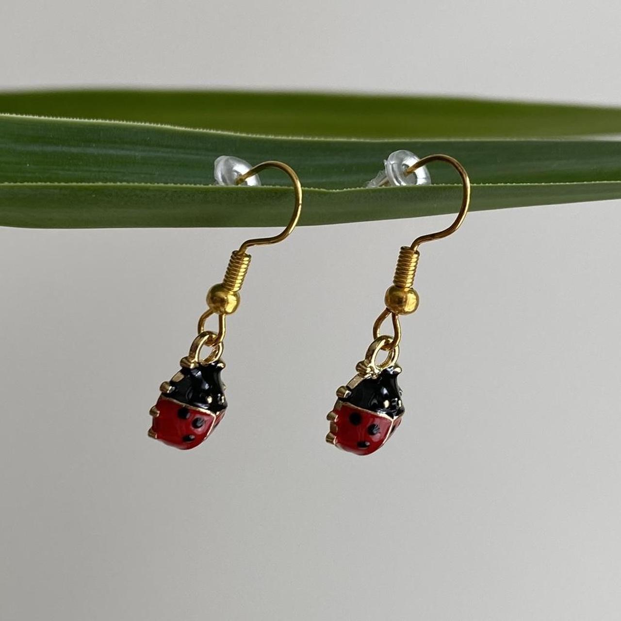 Red Ladybug Dangle Earrings With Gold Accents - Image 2