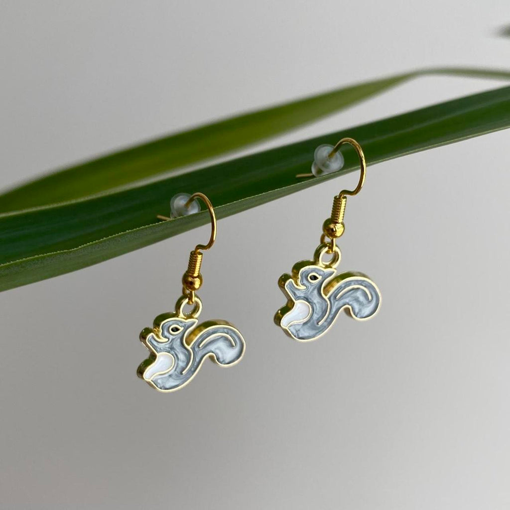 Grey Squirrel Enamel Dangle Earrings With Gold - Image 4