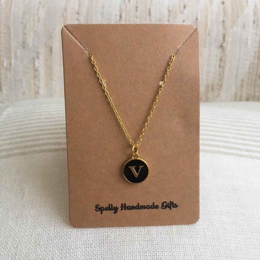 Letter V Initial Black Enamel Pendant Chain - Image 3