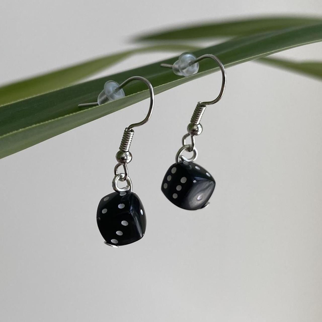 Black Game Dice Dangle Earrings With Silver Accents - Image 2