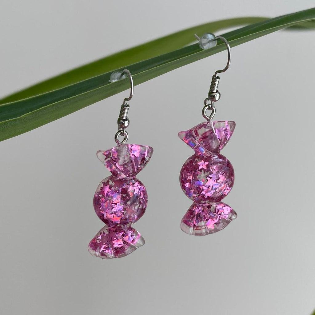 Sparkly Resin Pink Candy Dangle Earrings With Silver