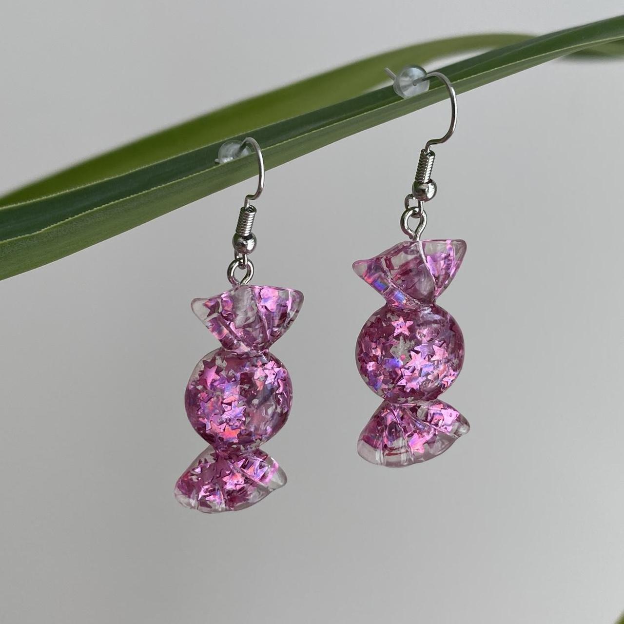 Sparkly Resin Pink Candy Dangle Earrings With Silver