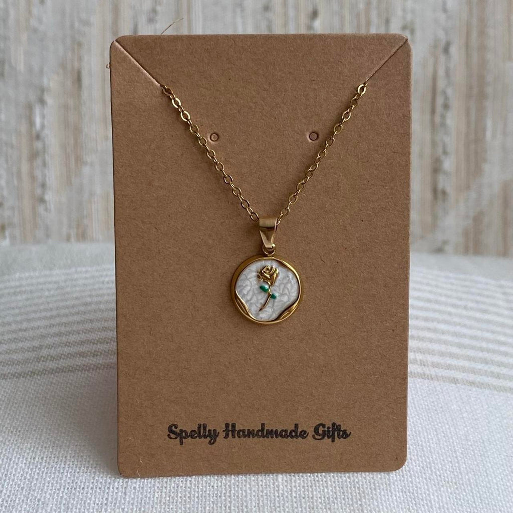 White Enamel Rose In Circle Pendant Chain Necklace - Image 3