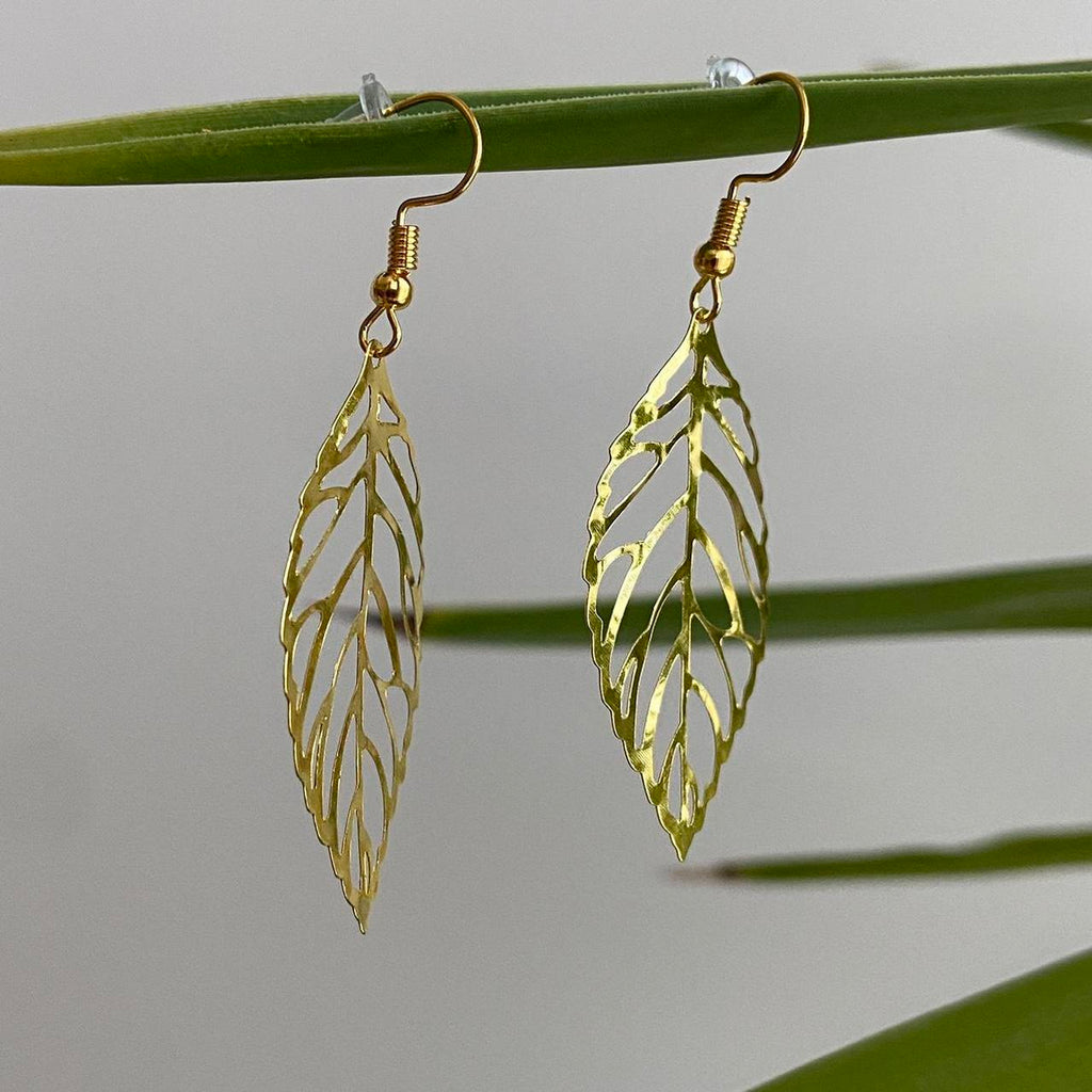 Large Gold Leaf Dangle Earrings 3 Sizes - Image 2