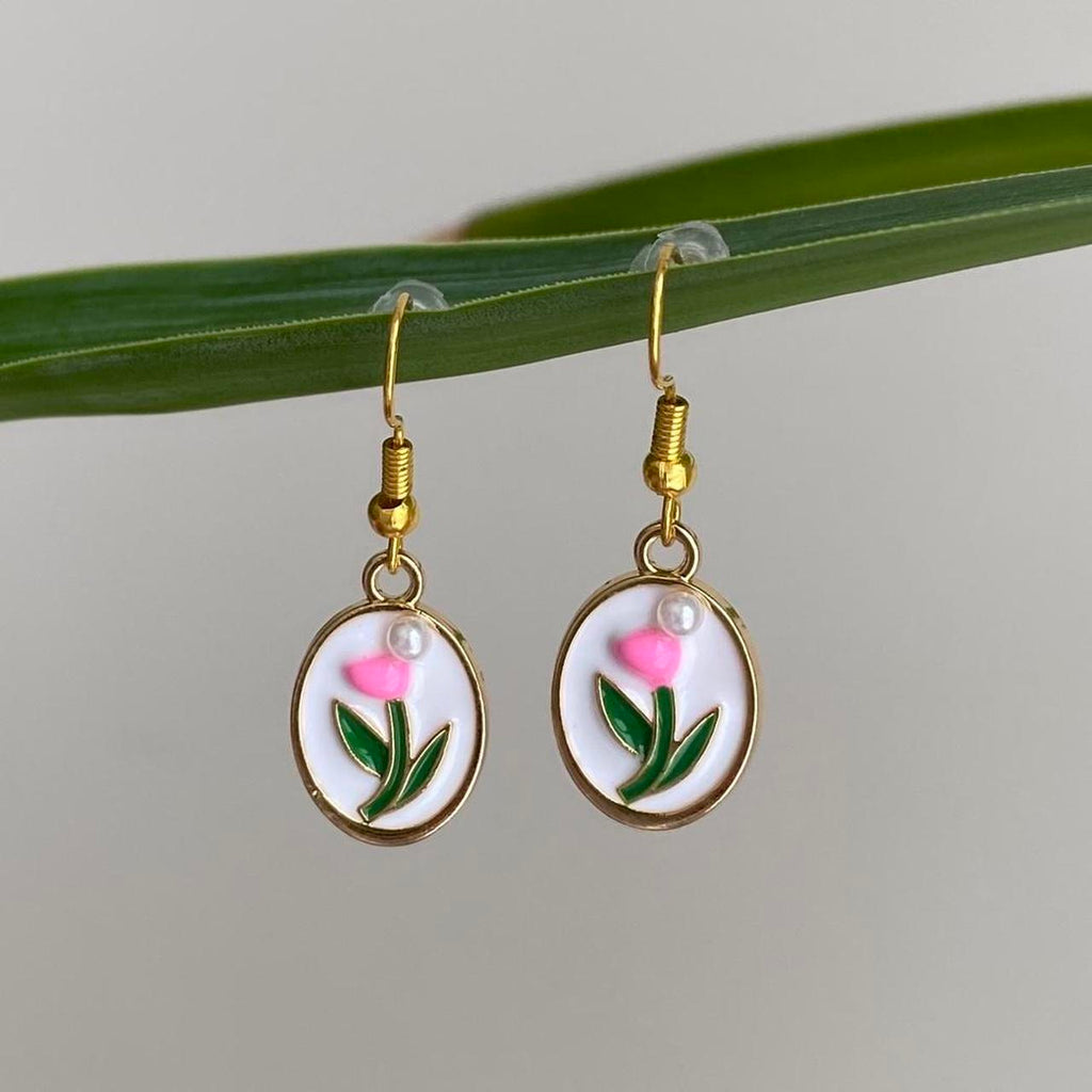 Pink Tulip In Oval Dangle Earrings With Pearl And - Image 3