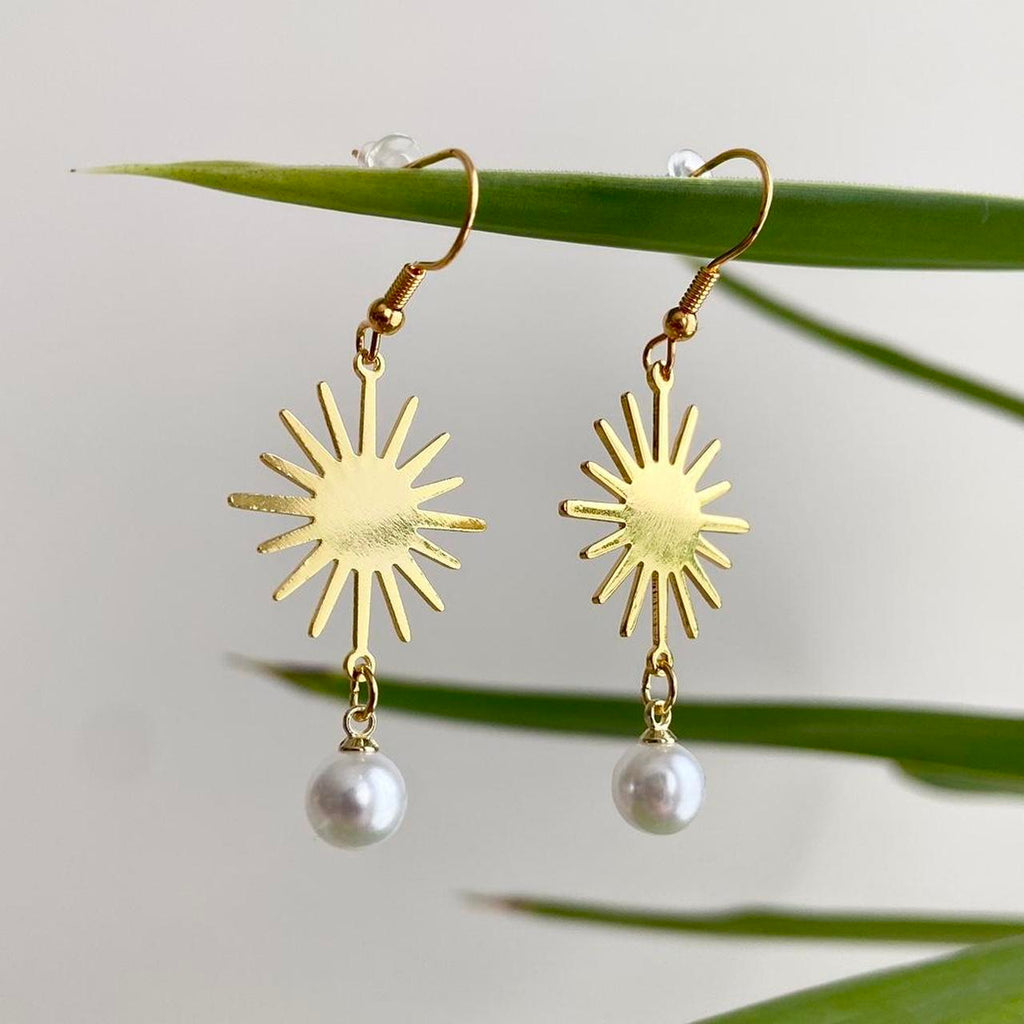 Gold Rising Sun With Pearl Accent Dangle Earrings