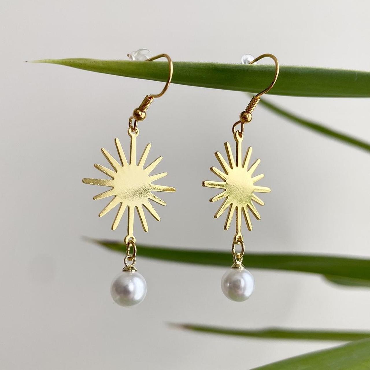 Gold Rising Sun With Pearl Accent Dangle Earrings