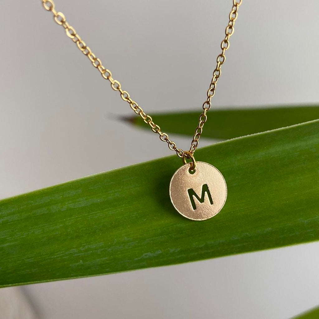 Circle Stamped Gold Letter M Initial Pendant Chain