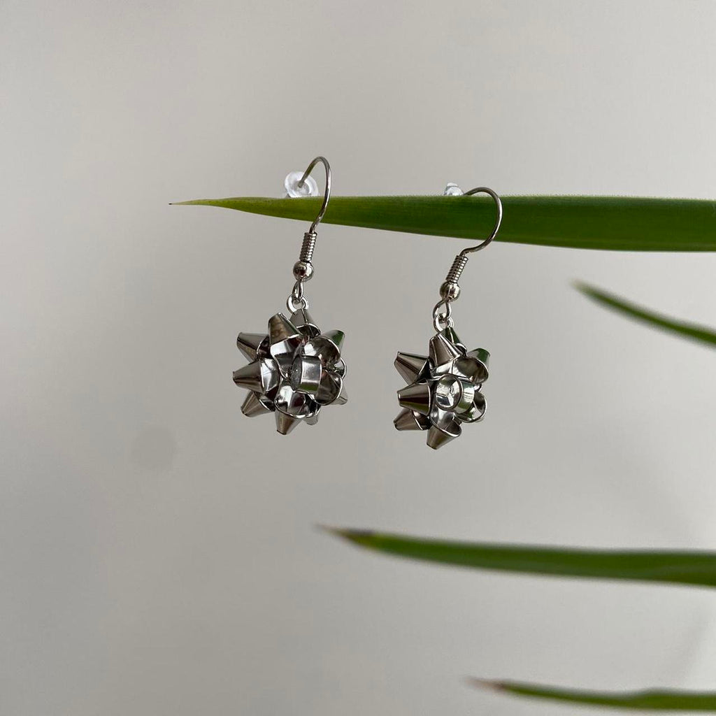 Cute Metallic Silver Gift Bow Dangle Earrings - Image 2