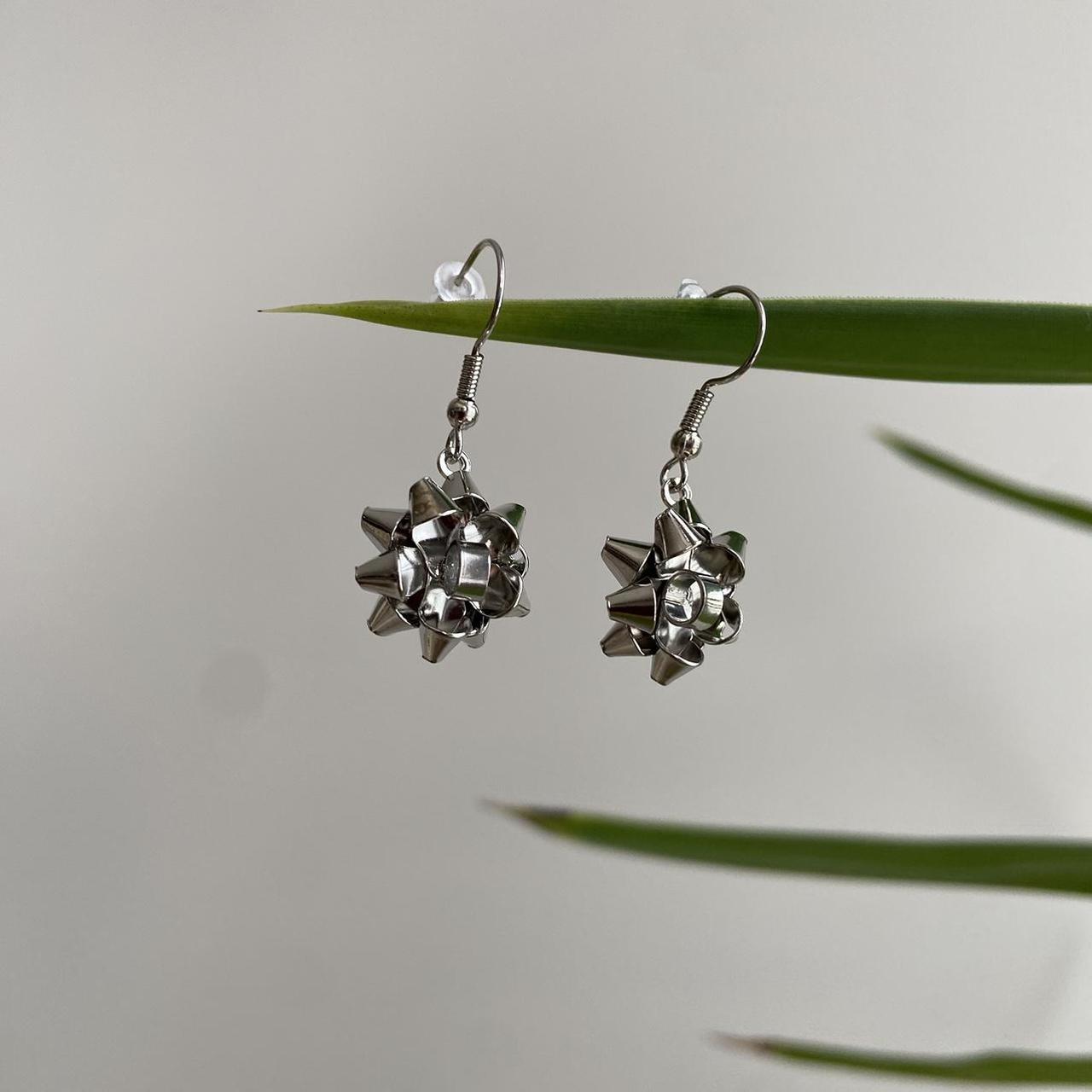 Cute Metallic Silver Gift Bow Dangle Earrings - Image 2