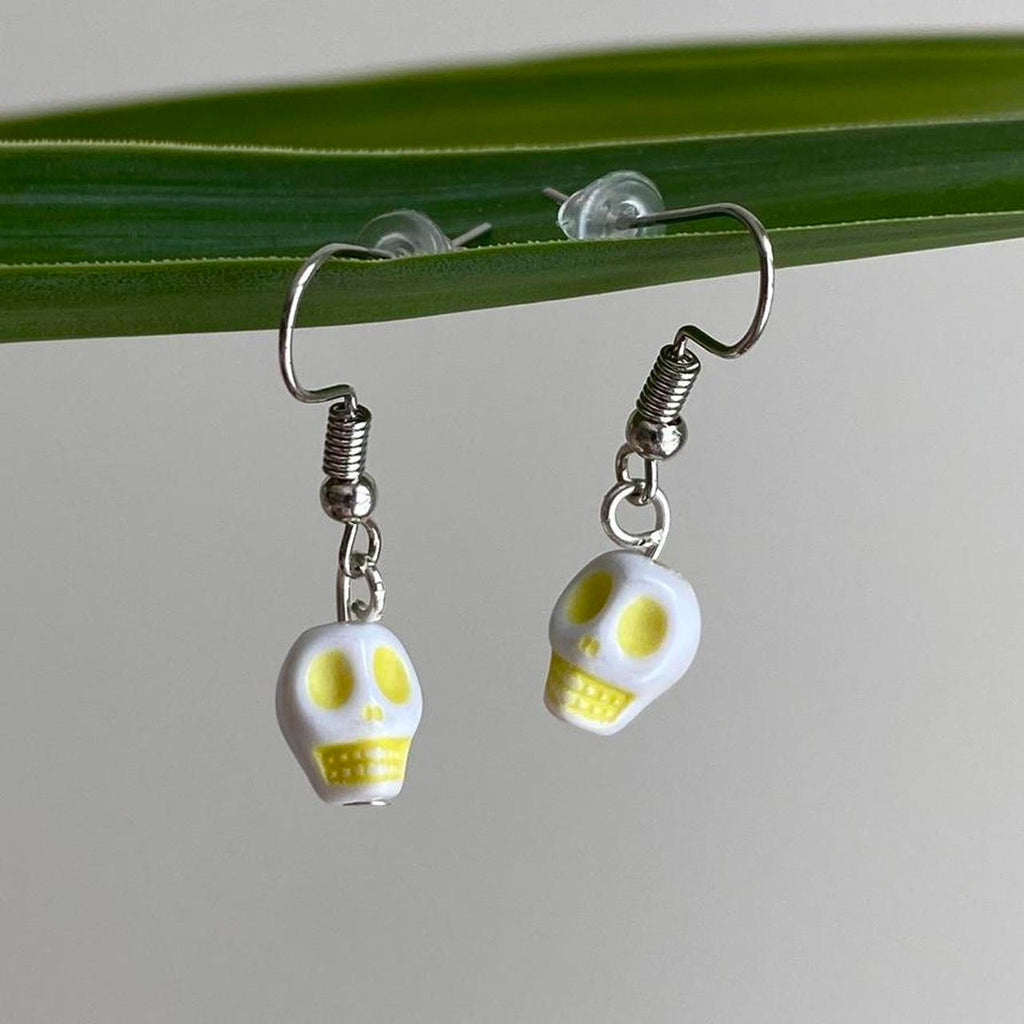 Cinco De Mayo White And Yellow Skull Dangle Earrings - Image 2