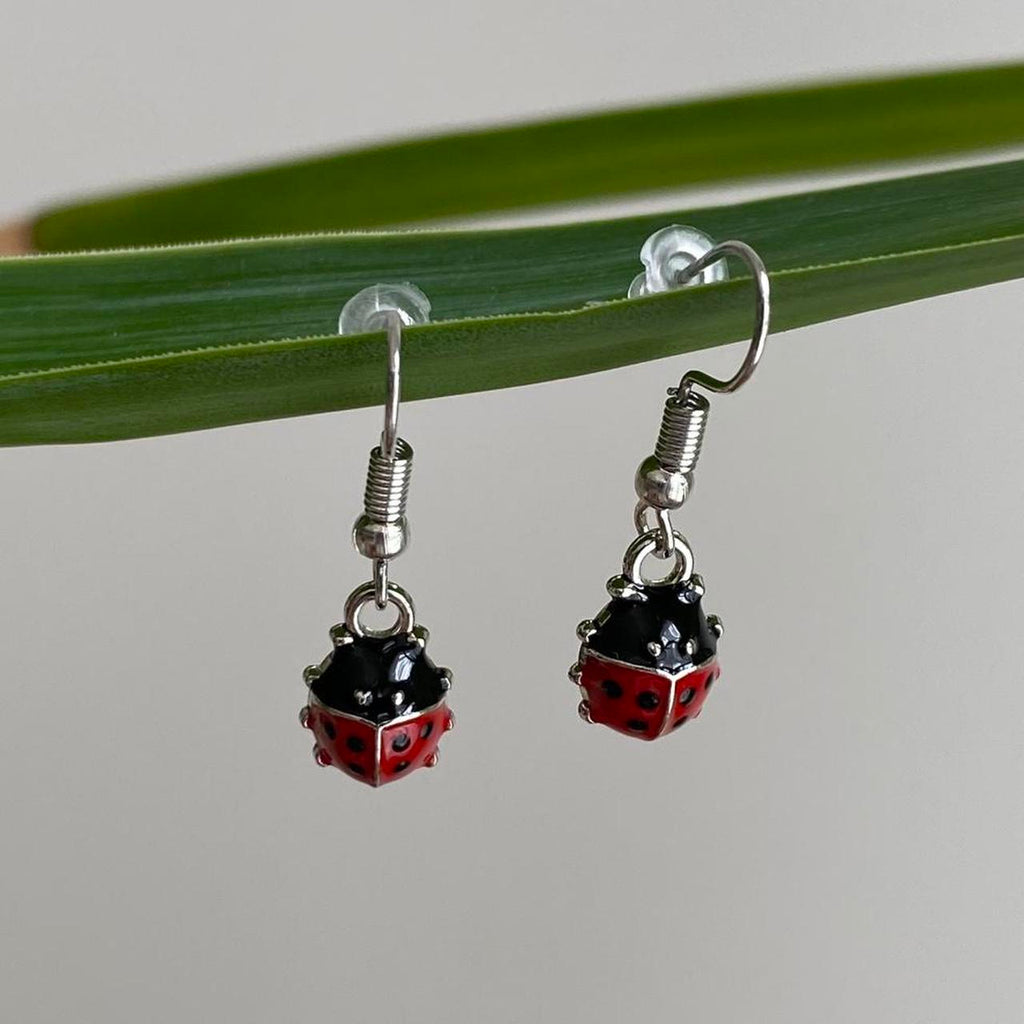 Red Ladybug Dangle Earrings With Silver Accents - Image 2