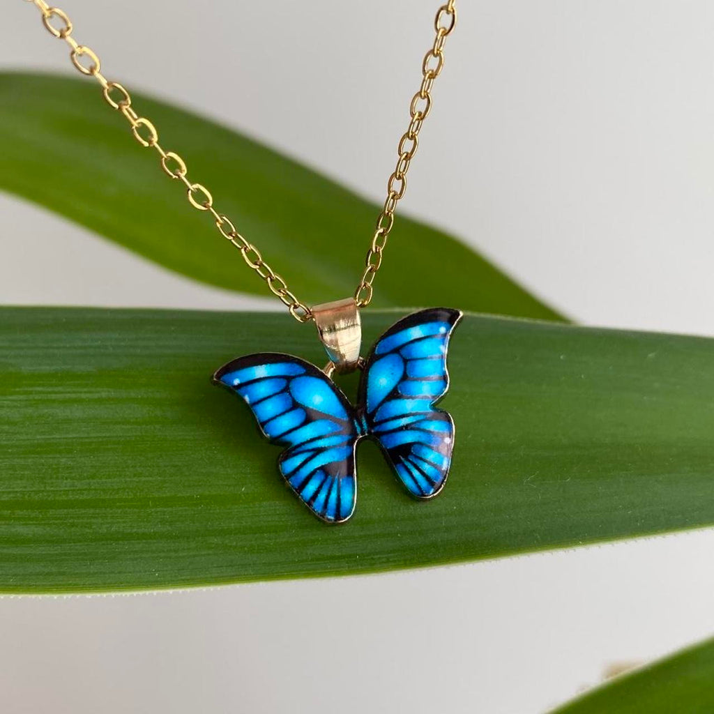 Blue Butterfly Enamel Pendant Chain Necklace With - Image 2