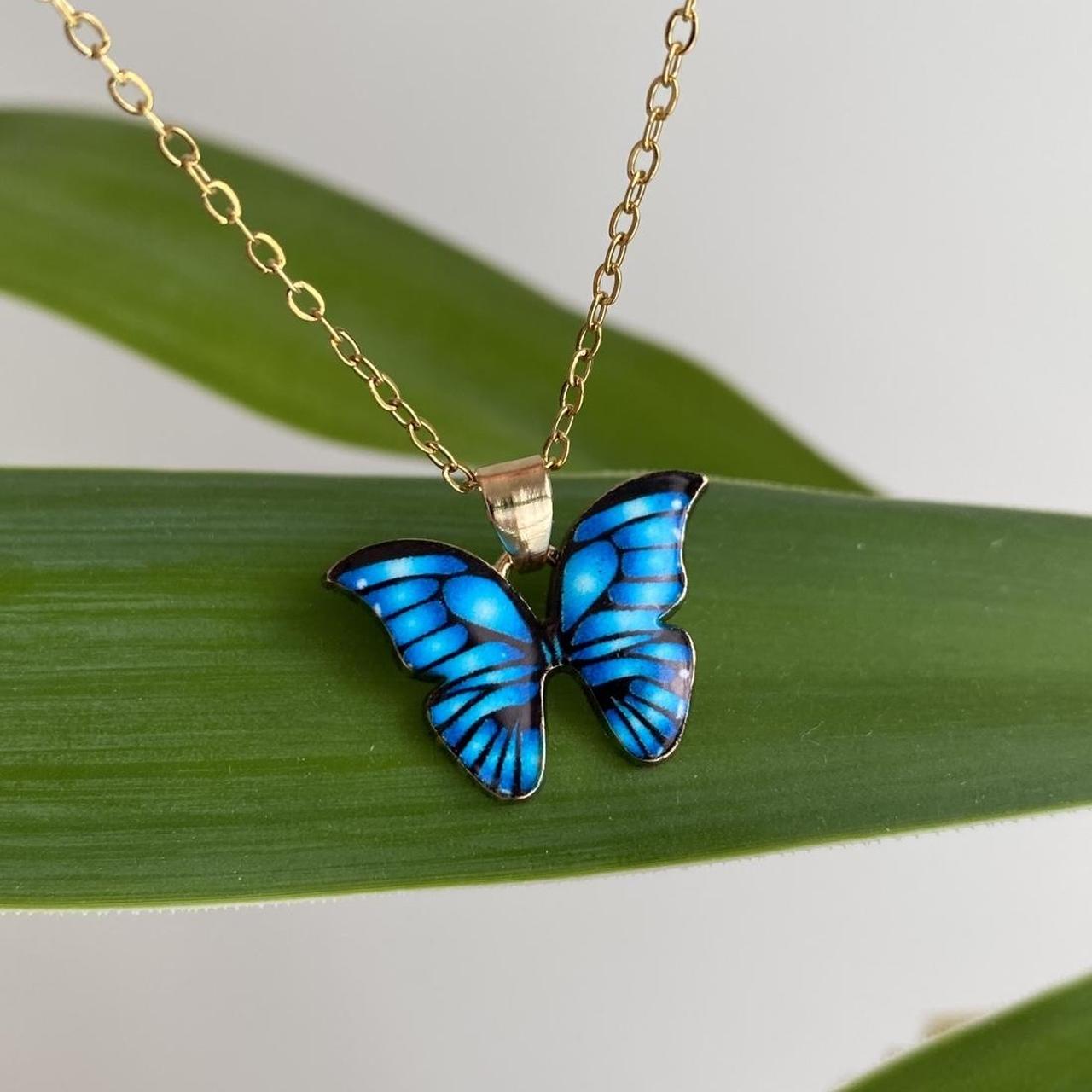 Blue Butterfly Enamel Pendant Chain Necklace With - Image 2