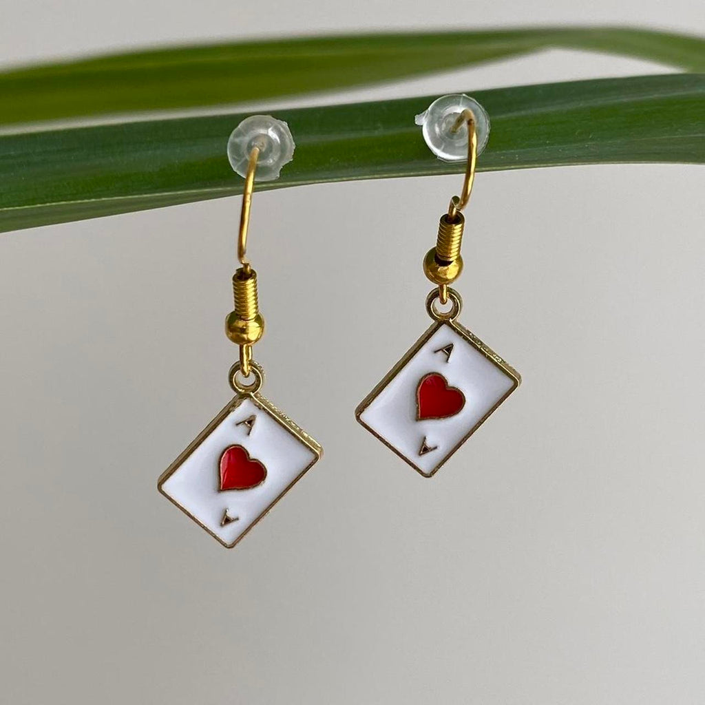 Ace Of Hearts Poker Card Dangle Earrings With Gold