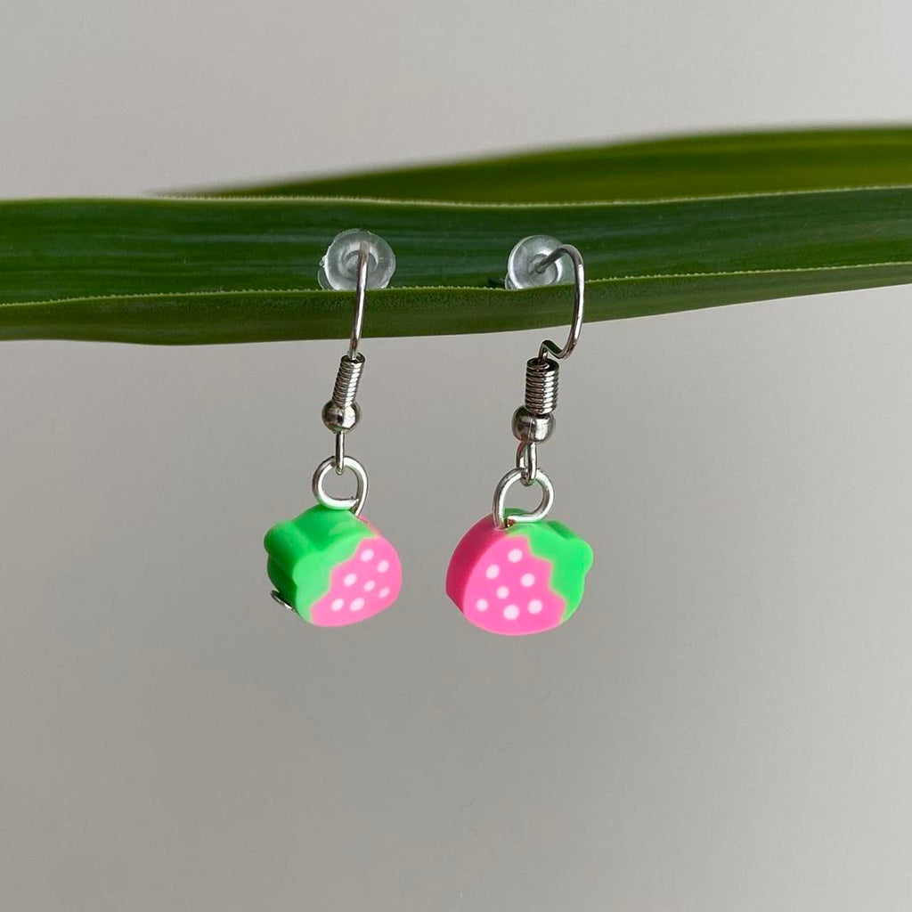 Pink Strawberry Fruit Polymer Clay Dangle Earrings - Image 2