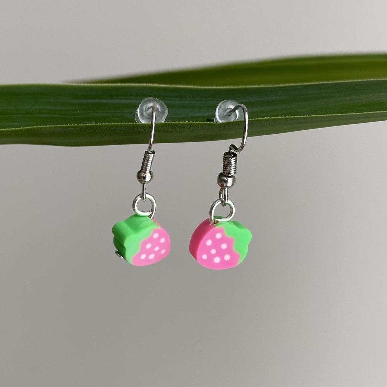 Pink Strawberry Fruit Polymer Clay Dangle Earrings - Image 2