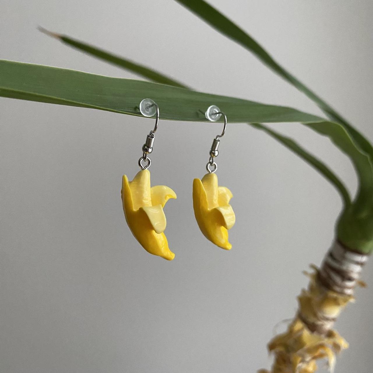 Yellow Banana Dangle Stud Earrings Silver Accents - Image 3