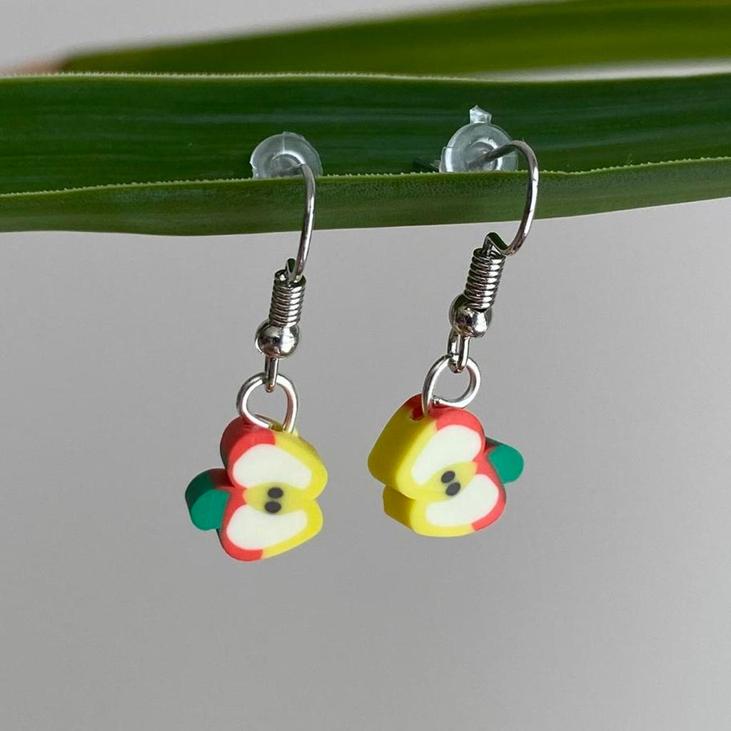 Red Sliced Apple Fruit Polymer Clay Dangle Earrings