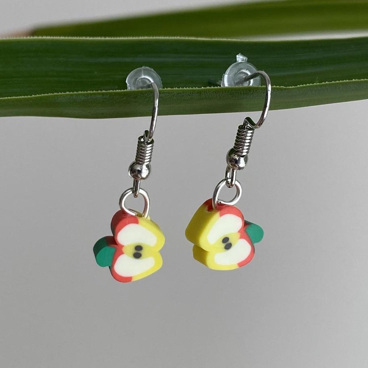 Red Sliced Apple Fruit Polymer Clay Dangle Earrings