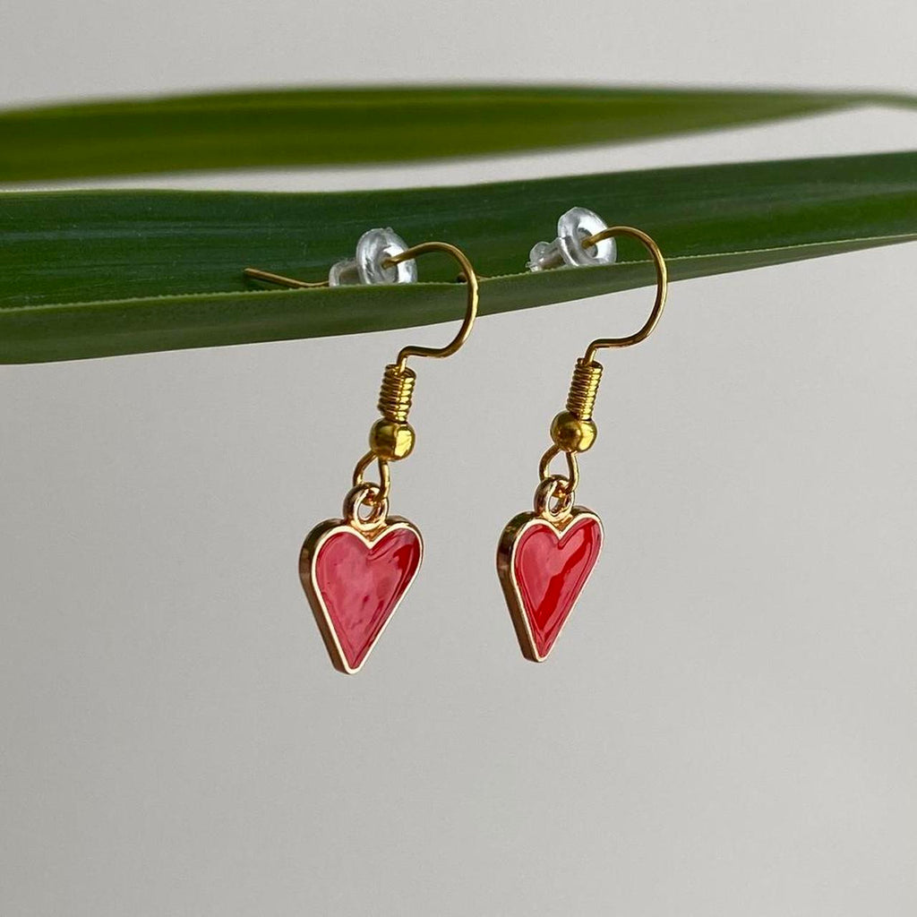 Red Hearts Symbol Dangle Earrings With Gold Accents - Image 2