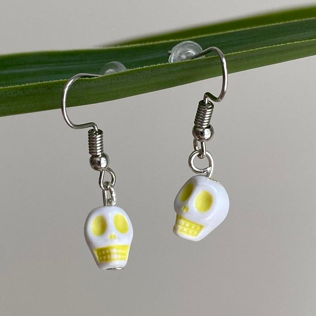 Cinco De Mayo White And Yellow Skull Dangle Earrings