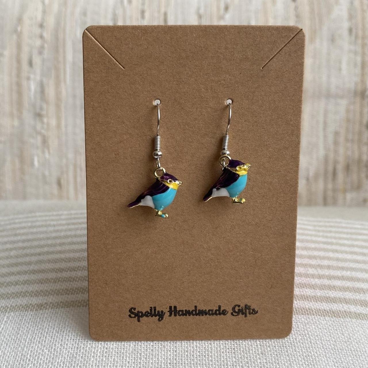 Purple Blue And Yellow Bird Enamel Dangle Earrings