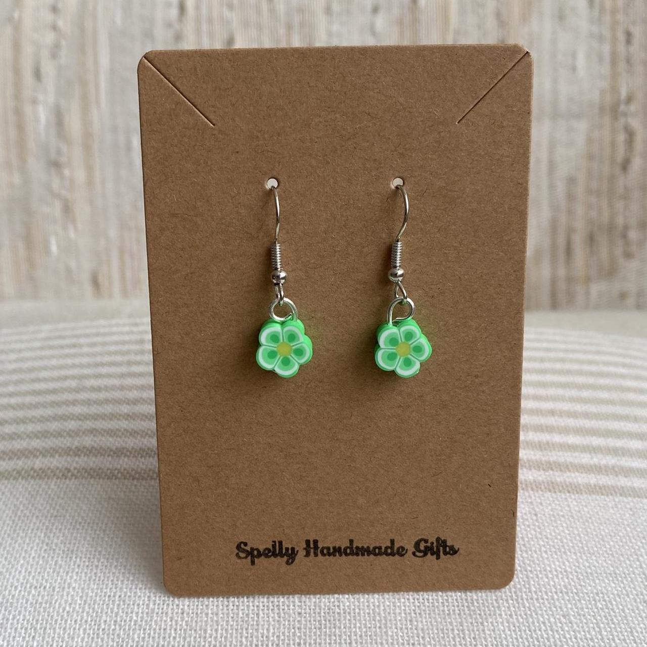 Green Tropical Flower Polymer Clay Dangle Earrings - Image 4