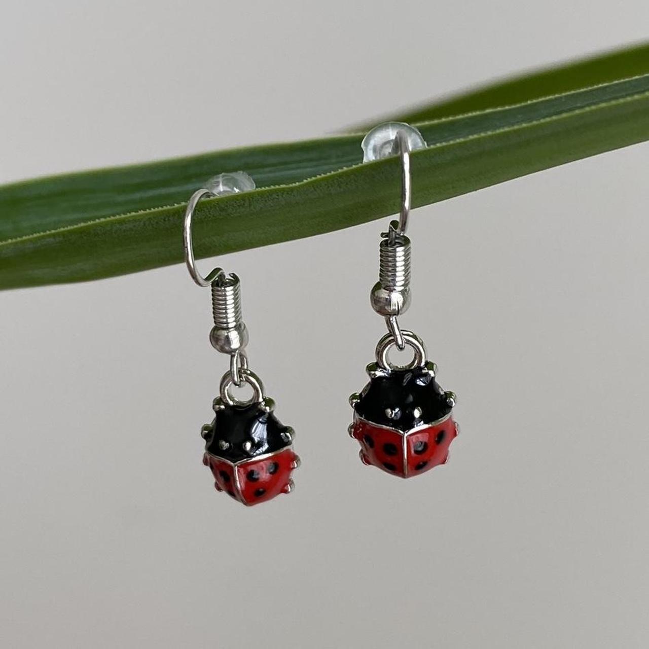 Red Ladybug Dangle Earrings With Silver Accents
