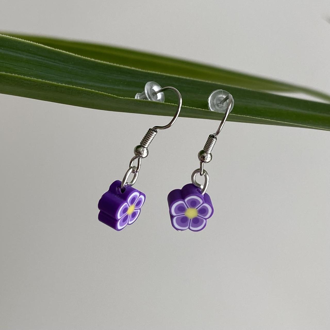Dark Purple Tropical Flower Polymer Clay Dangle - Image 3