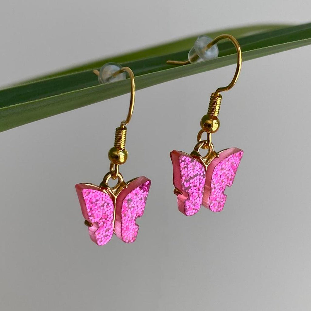 Dark Pink Sparkle Butterfly Dangle Earrings With