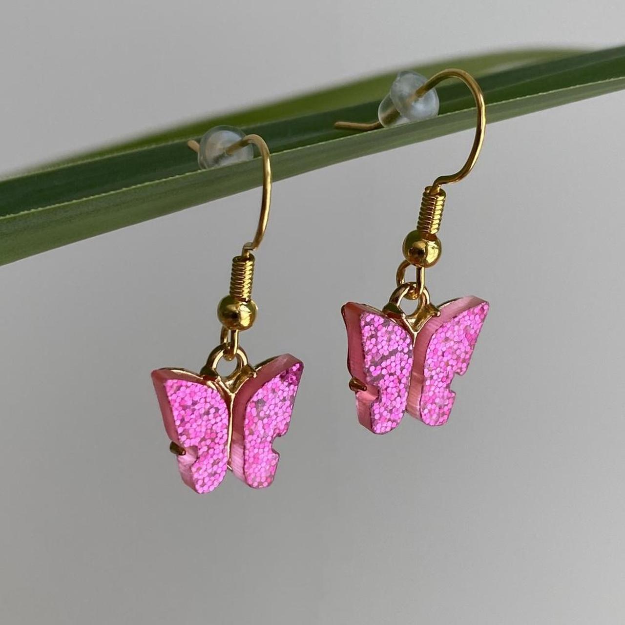 Dark Pink Sparkle Butterfly Dangle Earrings With