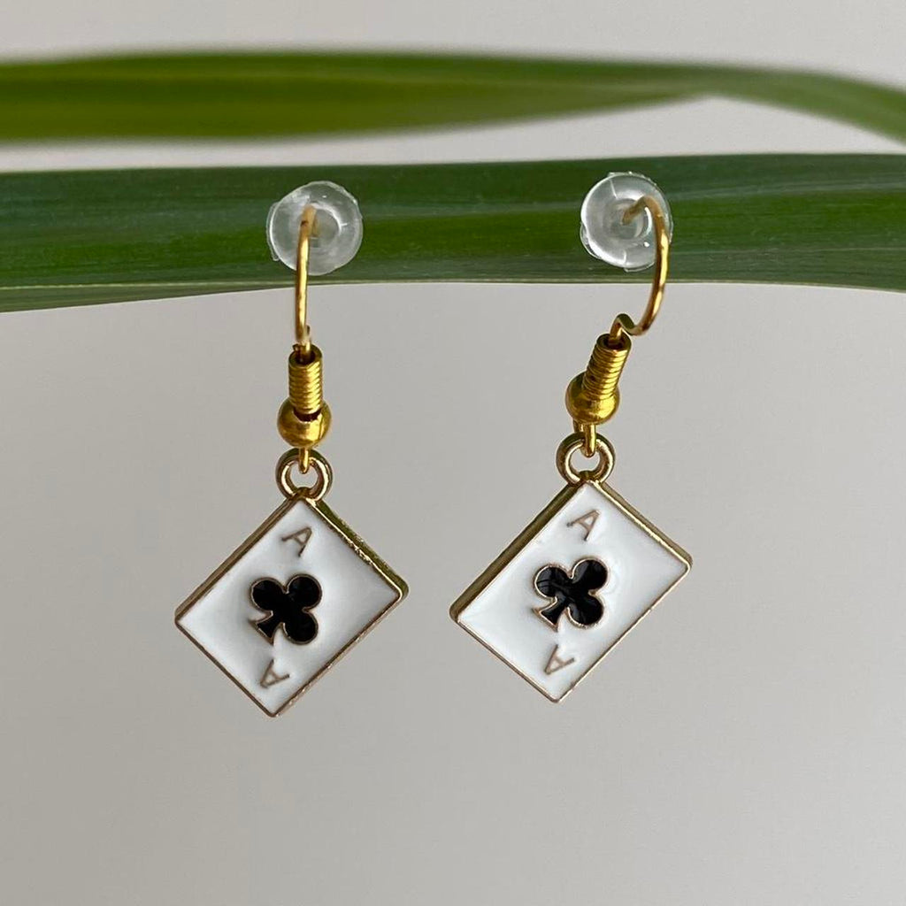 Ace Of Clubs Poker Card Dangle Earrings With Gold