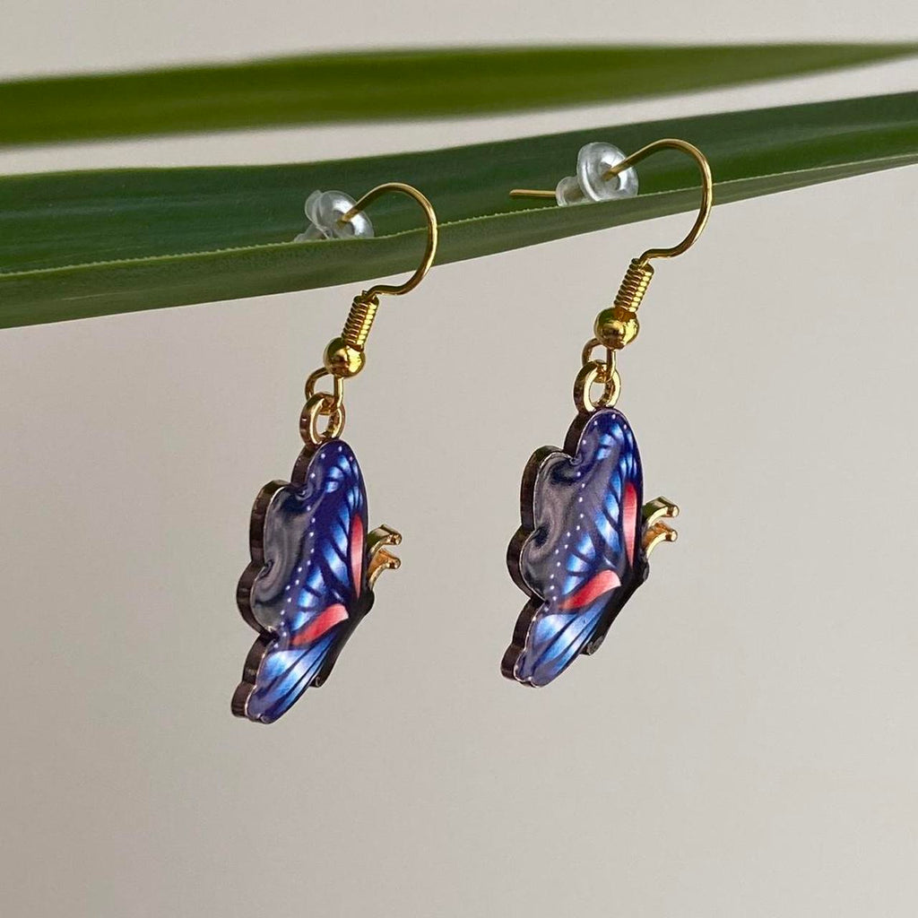 Dark Blue And Red Butterfly Enamel Dangle Earrings - Image 2