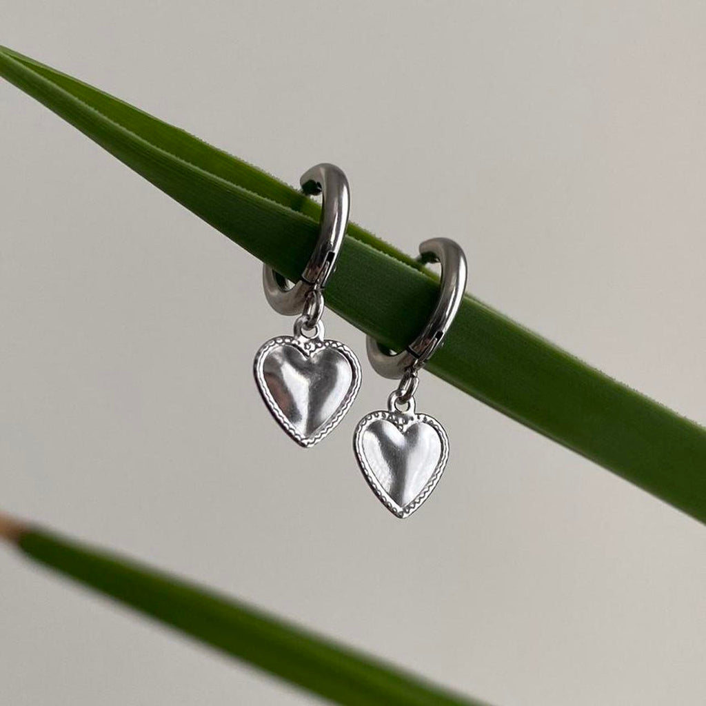 Petite Silver Heart Dangle Hoop Earrings Also